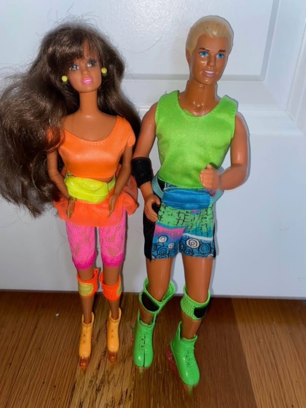 Early 90s Skating Theresa and Ken n Neon Orange & Green Roller Skating Dolls Duo